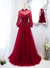 Burgundy Tulle High Neck Long Sleeve Appliques Prom Dress