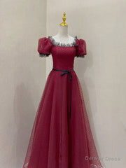 Burgundy Tulle Lace Long Prom Dress, Burgundy Evening Dress