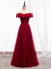 Burgundy Tulle Lace Off the Shoulder Prom Dresses With Button