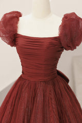 Burgundy Tulle Long A-Line Prom Dresses, Cute Short Sleeve Evening Dresses