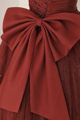 Burgundy Tulle Long A-Line Prom Dresses, Cute Short Sleeve Evening Dresses