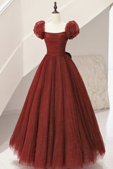 Burgundy Tulle Long A-Line Prom Dresses, Cute Short Sleeve Evening Dresses