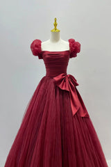 Burgundy Tulle Long A-Line Prom Dresses, Lovely Evening Graduation Dresses