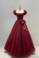 Burgundy Tulle Long A-Line Prom Dresses, Lovely Evening Graduation Dresses