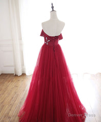 Burgundy Tulle Long Prom Dress, A line Burgundy Formal Party Dress