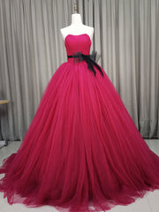 Burgundy Tulle Long Prom Gown, Burgundy Tulle Sweet 16 Dresses