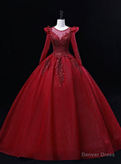 Burgundy Tulle Long Sleeve Beading Quinceanera Dress