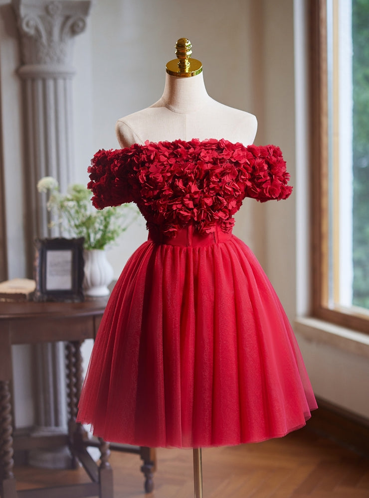 Burgundy Tulle Off the Shoulder 3D Flower Homecoming Dress