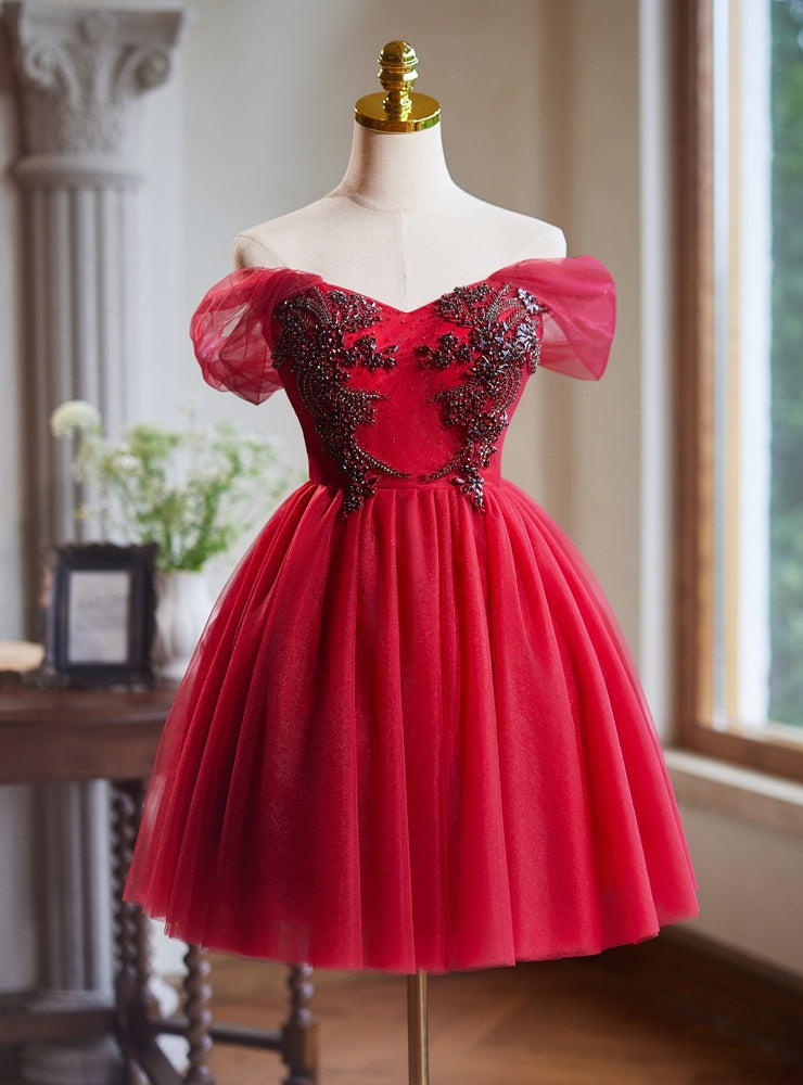 Burgundy Tulle Off the Shoulder Beading Homecoming Dress