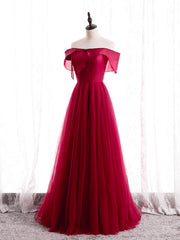 Burgundy Tulle Pearls Off the Shoulder Prom Dresses