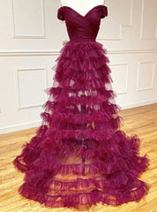 Burgundy Tulle Pleats Off the Shoulder Prom Dress