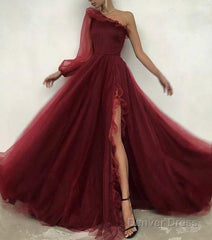 Burgundy tulle prom dress one shoulder evening dress