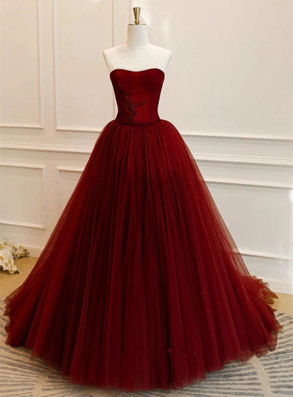 Burgundy Tulle Prom Dress Strapless Beading Fromal Dress