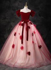 Burgundy Tulle Puff Sleeve Off the Shoulder Quinceanera Dresses