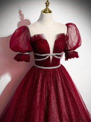 Burgundy Tulle Sequin Long Prom Dresses, Burgundy Formal Evening Dresses