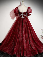 Burgundy Tulle Sequin Long Prom Dresses, Burgundy Formal Evening Dresses