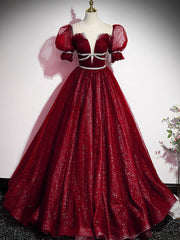 Burgundy Tulle Sequin Long Prom Dresses, Burgundy Formal Evening Dresses