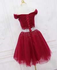 Burgundy Tulle Sequin Short Prom Dresses, Burgundy Homecoming Dresses