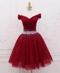 Burgundy Tulle Sequin Short Prom Dresses, Burgundy Homecoming Dresses