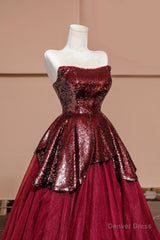 Burgundy Tulle Sequins Long Prom Dress, A-Line Strapless Evening Party Dress