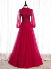 Burgundy Tulle Sequins Long Sleeve High Neck Beading Prom Dresses