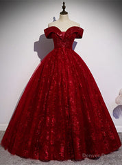 Burgundy Tulle Sequins Off the Shoulder Quinceanera Dress