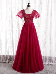 Burgundy Tulle Sequins Square Short Sleeve Prom Dresses