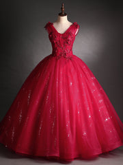 Burgundy Tulle Sequins V-neck Appliques Beading Quinceanera Dress