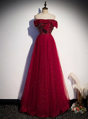 Burgundy Tulle Seuqins Beading Off the Shoulder Prom Dresses