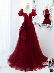 Burgundy Tulle Short Sleeve Backless Pleats Prom Dress