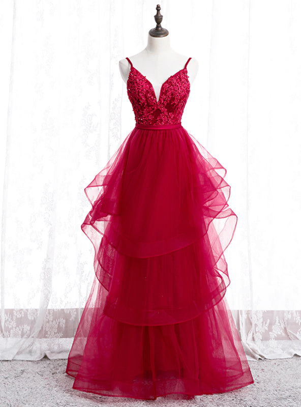 Burgundy Tulle Spagehtti Straps Appliques Beading Prom Dress