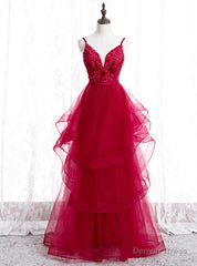 Burgundy Tulle Spagehtti Straps Appliques Beading Prom Dress