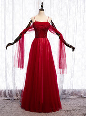 Burgundy Tulle Spaghetti Straps Beading Sequins Prom Dress