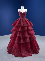 Burgundy Tulle Spaghetti Straps Beading Tiers Prom Dresses