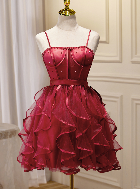 Burgundy Tulle Spaghetti Straps Pearls Homecoming Dress