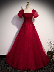 Burgundy Tulle Square Puff Sleeve Beading Prom Dress