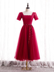 Burgundy Tulle Square Short Sleeve Pearls Prom Dress