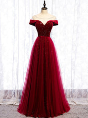 Burgundy Tulle Star Sequins Cap Sleeve Prom Dresses