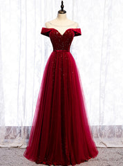 Burgundy Tulle Star Sequins Cap Sleeve Prom Dress