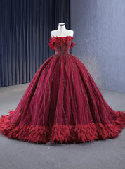 Burgundy Tulle Strapless Beading Feather Prom Dress