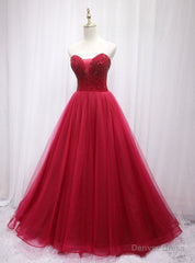 Burgundy Tulle Strapless Beading Prom Dress