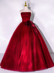 Burgundy Tulle Strapless Pleats Quinceanera Dress