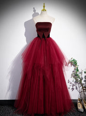 Burgundy Tulle Strapless Prom Dress