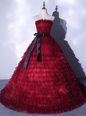 Burgundy Tulle Tiers Strapless Quinceanera Dresses