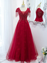 Burgundy Tulle V-neck Cap Sleve Beading Prom Dresses