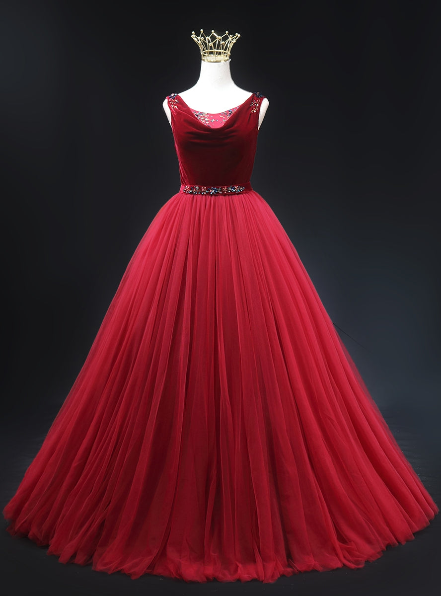 Burgundy Tulle Velvet Backles Beading Prom Dress