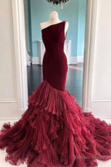 Burgundy Tulle Velvet Long Mermaid Dress Formal Prom Dress