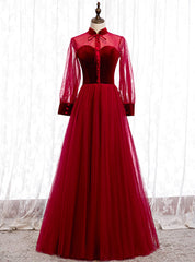 Burgundy Tulle Velvet Long Sleeve Button Prom Dresses