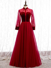 Burgundy Tulle Velvet Long Sleeve Button Prom Dress