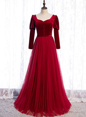 Burgundy Tulle Velvet Long Sleeve Square Long Prom Dress